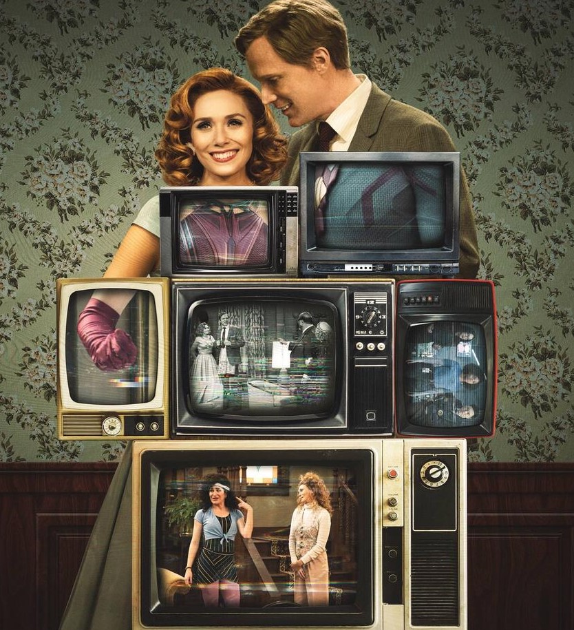 Pôster de Wandavision, onde se vê várias televisões em frente ao corpo de Wanda e Visão, com interferência na imagem