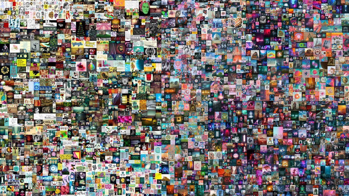 Arte digital do artista Beeple consiste uma compilação de 5 mil pequenas imagens oriundas de 5 mil dias de trabalho.