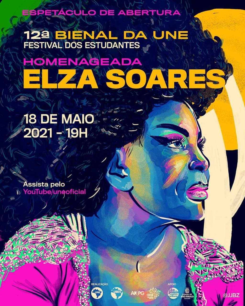 Cartaz da abertura da 12ª Bienal, com Elza Soares como homenageada.