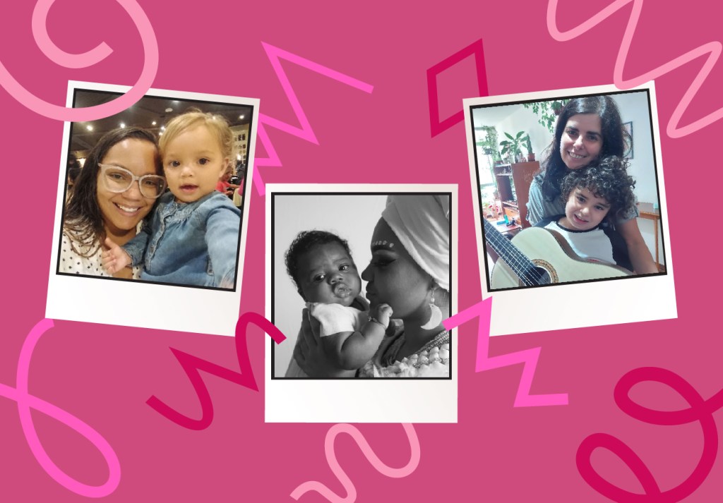 Três fotos no estilo polaroid de mães com os seus filhos