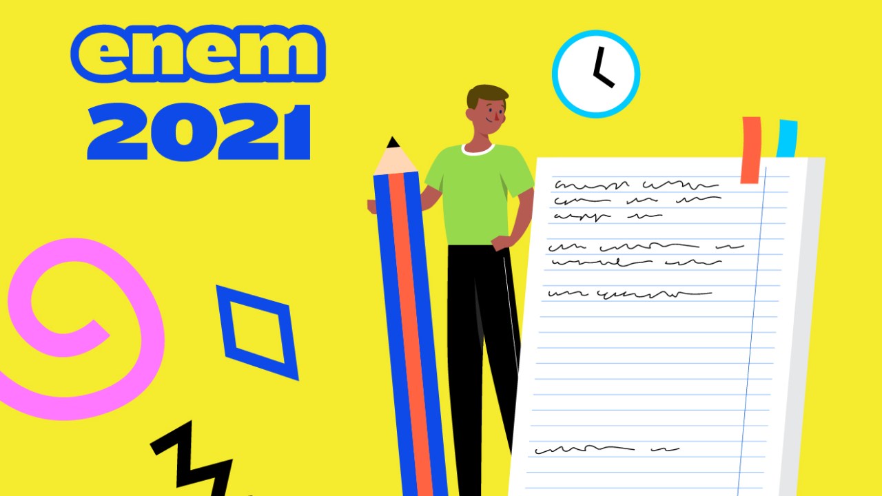 A ilustração contém um menino segurando um lápis, ao lado direito dele está um bloco de notas. No esquerdo, está escrito "Enem 2021". A imagem também tem figuras gráficas em diversos formatos: losango, espiral e raio.