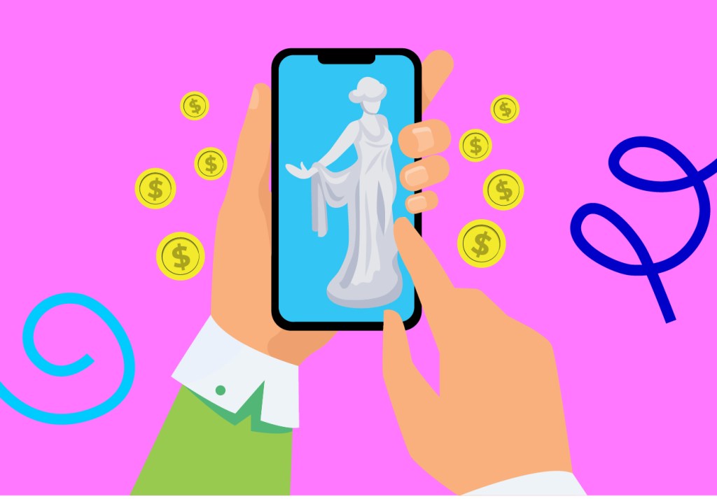 Ilustração de uma mão tocando na tela de um celular, que exibe uma estátua estilo grega. Em volta da tela do celular, há moedas de ouro.