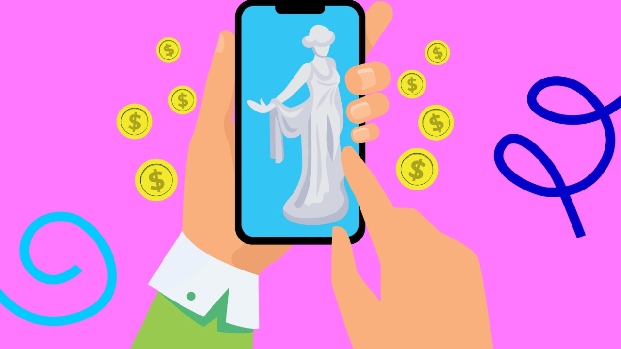 Ilustração de uma mão tocando na tela de um celular, que exibe uma estátua estilo grega. Em volta da tela do celular, há moedas de ouro.