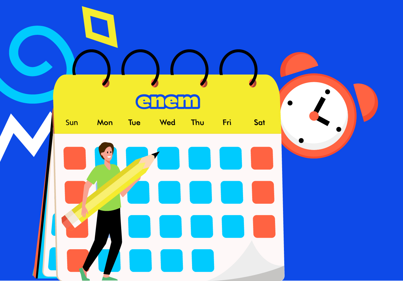 Ilustra de um jovem preenchendo um calendário do Enem e um relógio na parte de trás