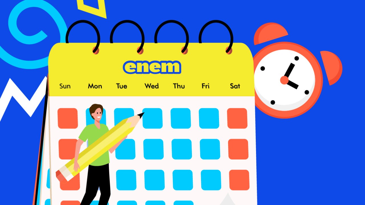 Ilustra de um jovem preenchendo um calendário do Enem e um relógio na parte de trás