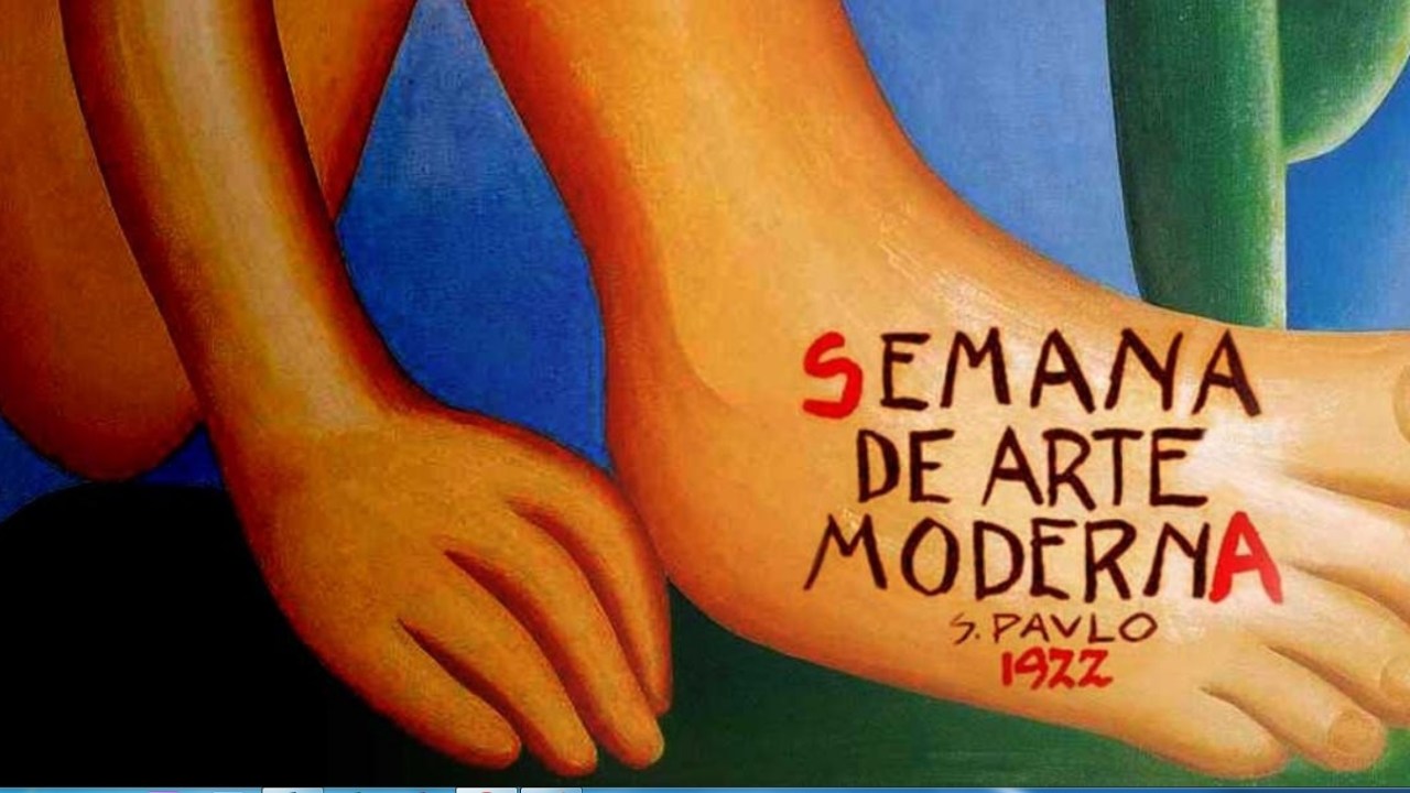 Montagem com o quadro Abaporu, de Tarsila do Amaral - ícone do Modernismo brasileiro - e o cartaz da Semana de Arte Moderna de 1922, considerado um marco.