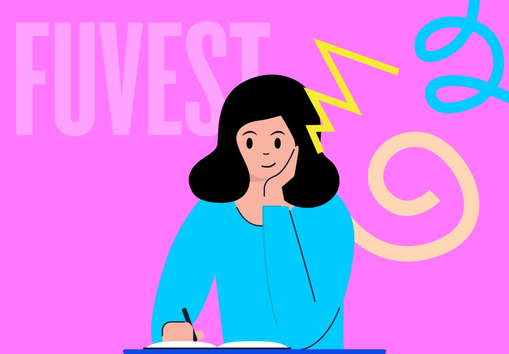 Ilustração com uma mulher sentada, com uma das mãos apoiadas ao rosto, enquanto a outra segura um lápis e escreve em um papel. O fundo é rosa e há alguns grafismos coloridos em torno da palavra Fuvest.