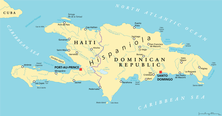 Hispaniola Political Map with Haiti and Dominican Republic, located in the Caribbean island group, the Greater Antilles. With capitals, national borders, important cities, rivers and lakes. English labeling and scaling. Illustration.