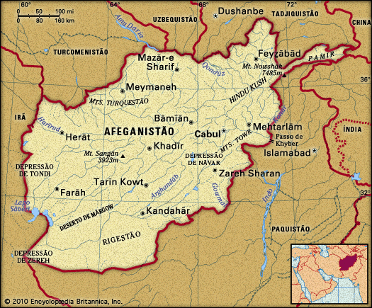 Mapa do Afeganistão e seus vizinhos de fronteira