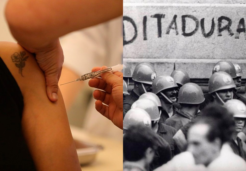 Montagem com duas fotografias. A primeira é colorida, e mostra um braço sendo vacinado. A segunda é em preto e branco e mostra um grupo de militares em frente a uma parede, onde está escrito "Ditadura"