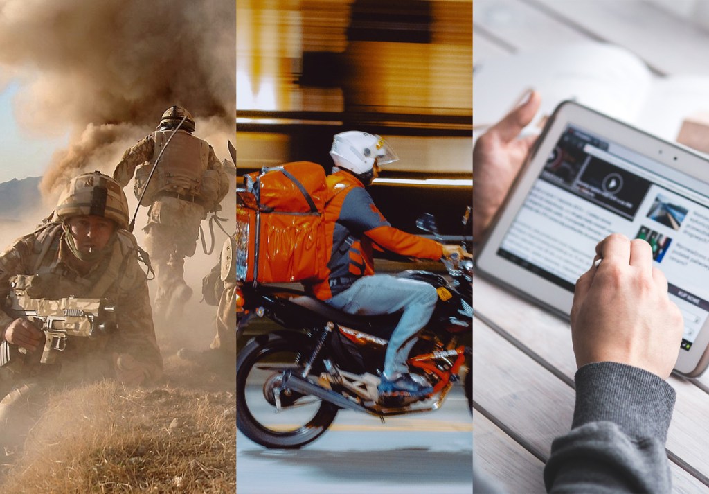 Montagem com 3 fotografias coloridas. A primeira é de um grupo de militares, a segunda é de um motoqueiro e a terceira é um tablet.