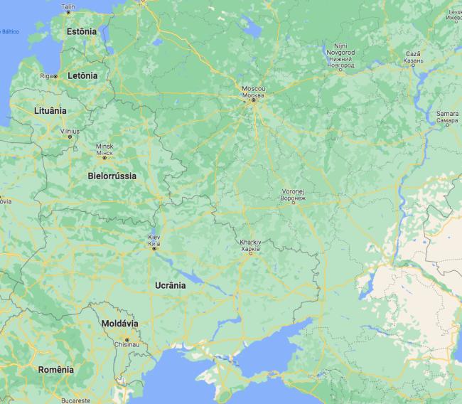 Mapa que mostra o leste europeu, com foco na Ucrânia