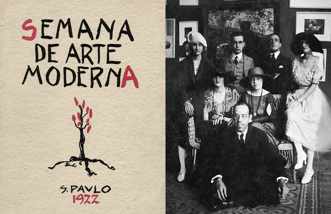 Montagem com cartaz do evento, ao lado de fotografia com Mário de Andrade, Anita Malfatti e Zina Aita acompanhado de amigos, em São Paulo, 1922