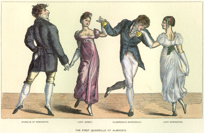Ilustração com quatro exemplos de como eram os jovens do período regencial britânico.