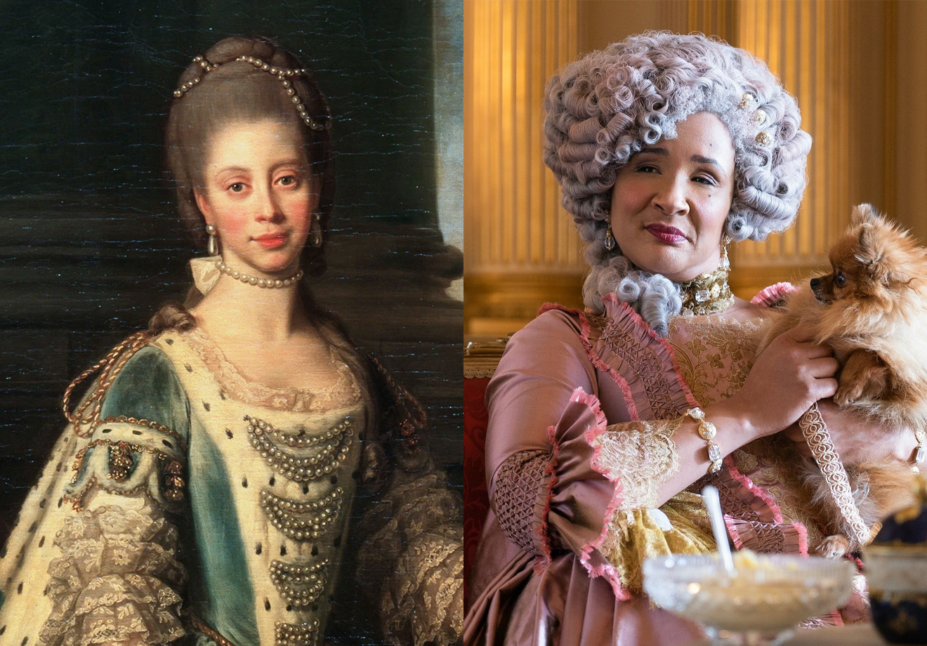 Comparativo com uma pintura da Rainha Charlotte e uma foto da personagem retratada na série 'Bridgerton'