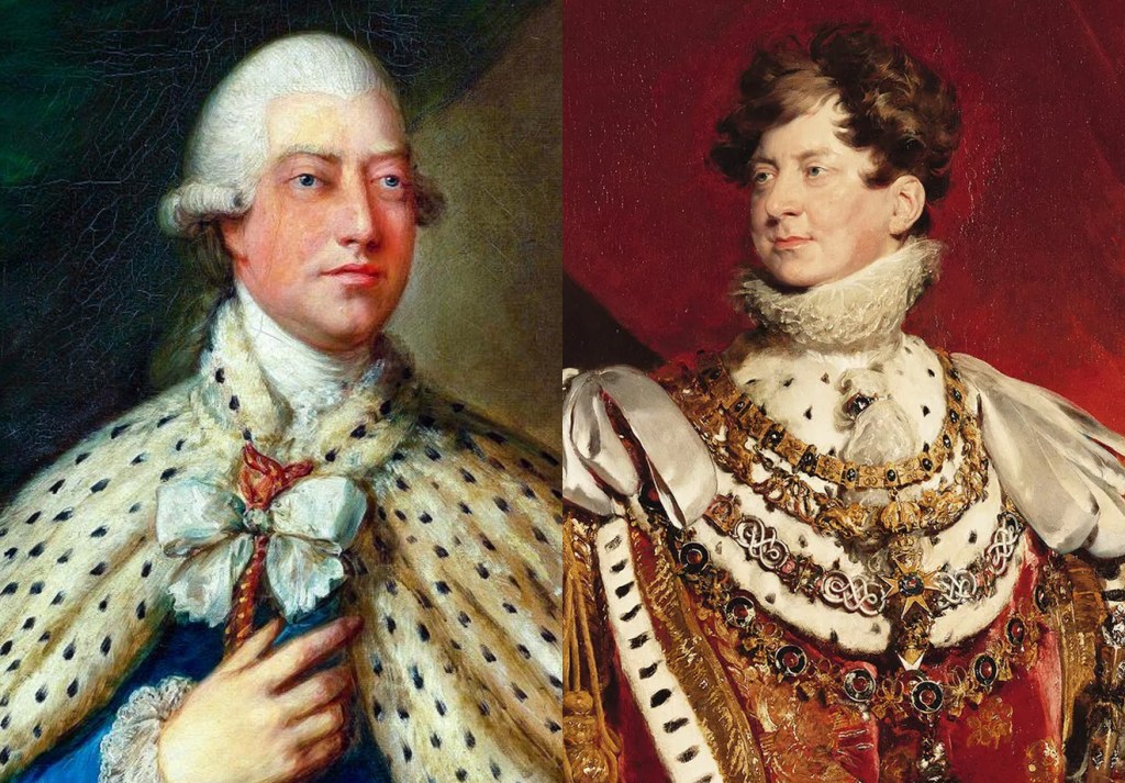 Duas imagens lado a lado. A primeira é uma pintura do Rei George III, a segunda, do Rei George IV.