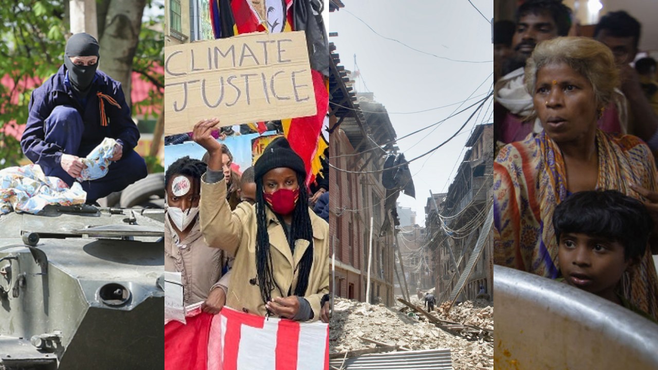 Colagem de 4 fotos: um homem em cima de um tanque de guerra, uma mulher em um protesto, uma rua destruída por um terremoto e uma mulher com uma panela na mão pedindo comida.
