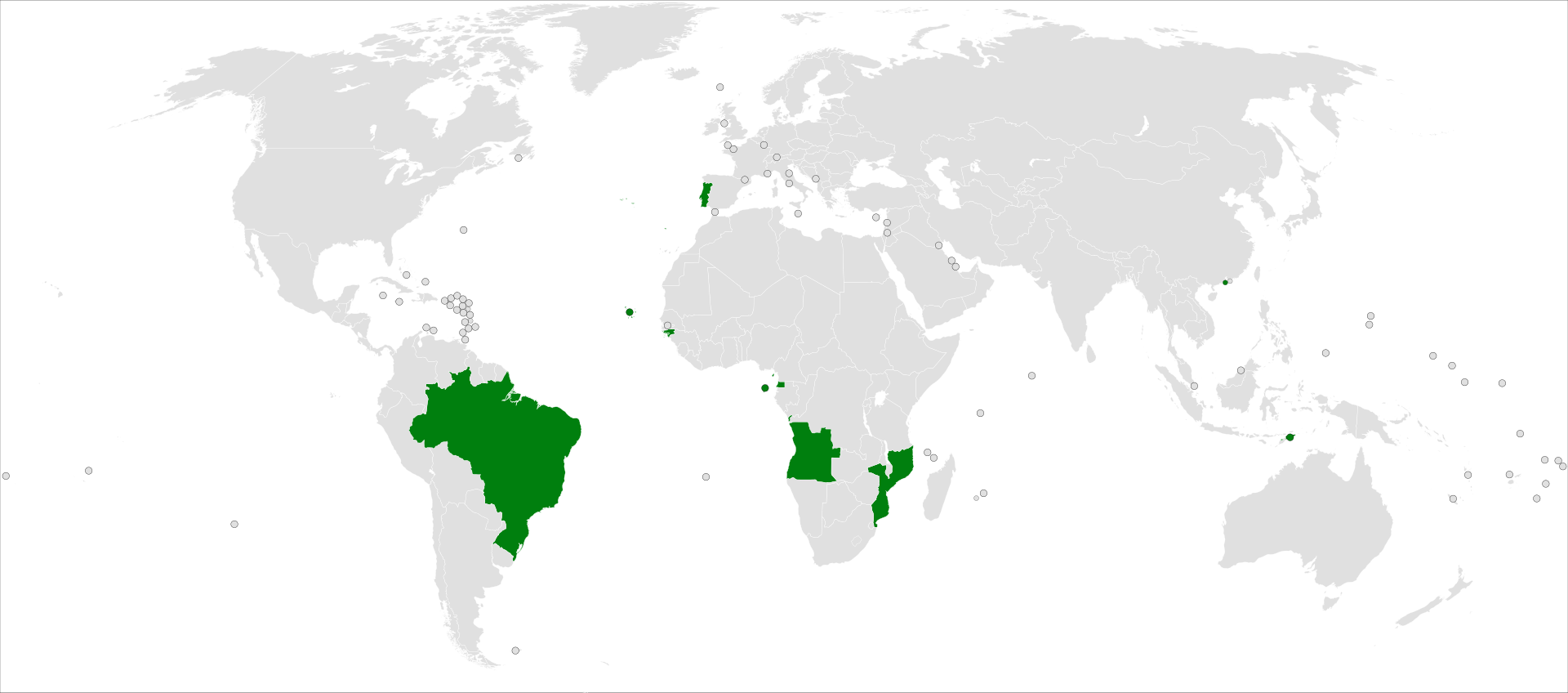 Mapa com países que tem a Língua Portuguesa como oficial pintados em verde