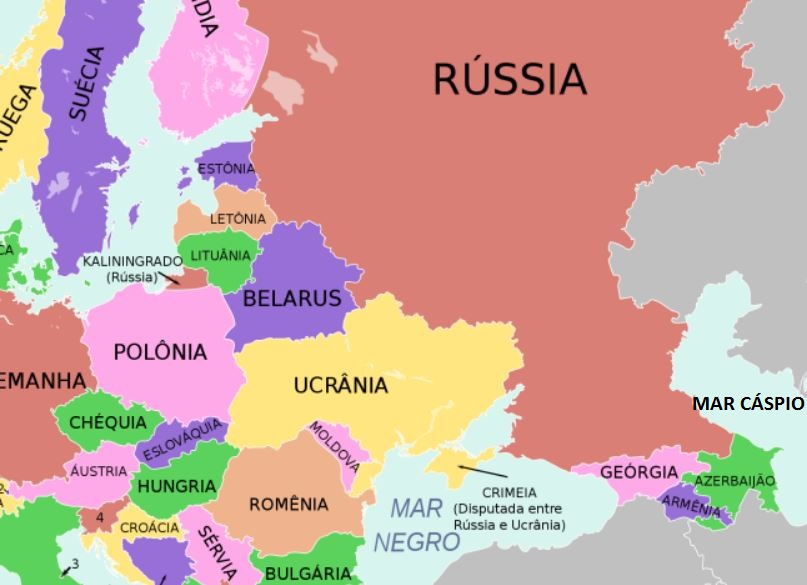 Mapa mostra Rússia, Ucrânia e Mar Cáspio