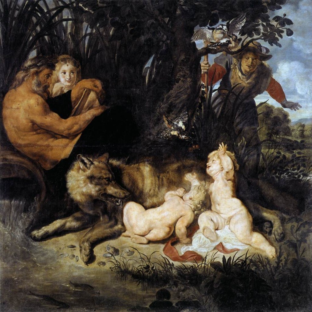 pintura retrata a lenda de romulo e remo, mostrando duas crianças mamando em uma loba