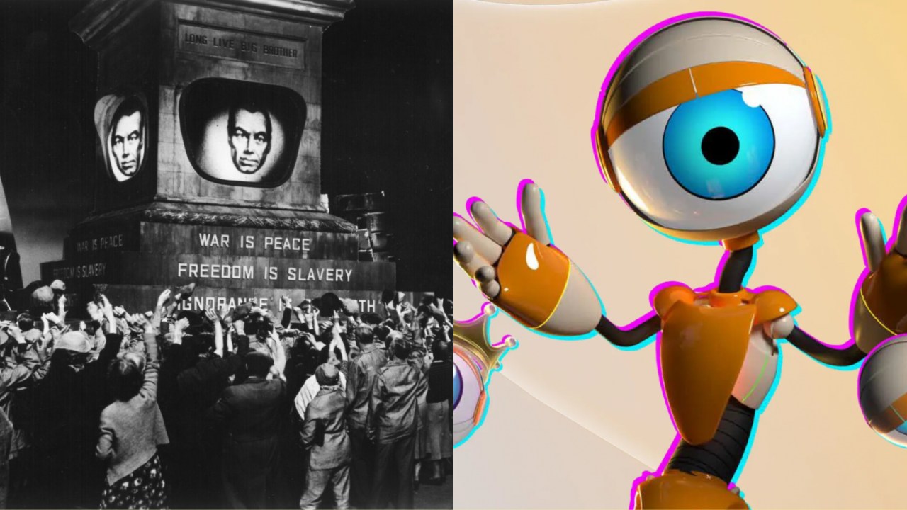 Colagem com cena do filme "1984" à esquerda, e mascote do programa "Big Brother Brasil" à direita.