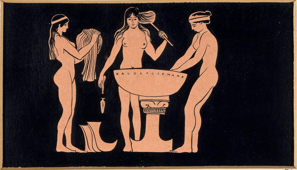 Ilustração mostra trabalho doméstico de mulheres na Grécia Antiga. Elas estão lavando roupas.