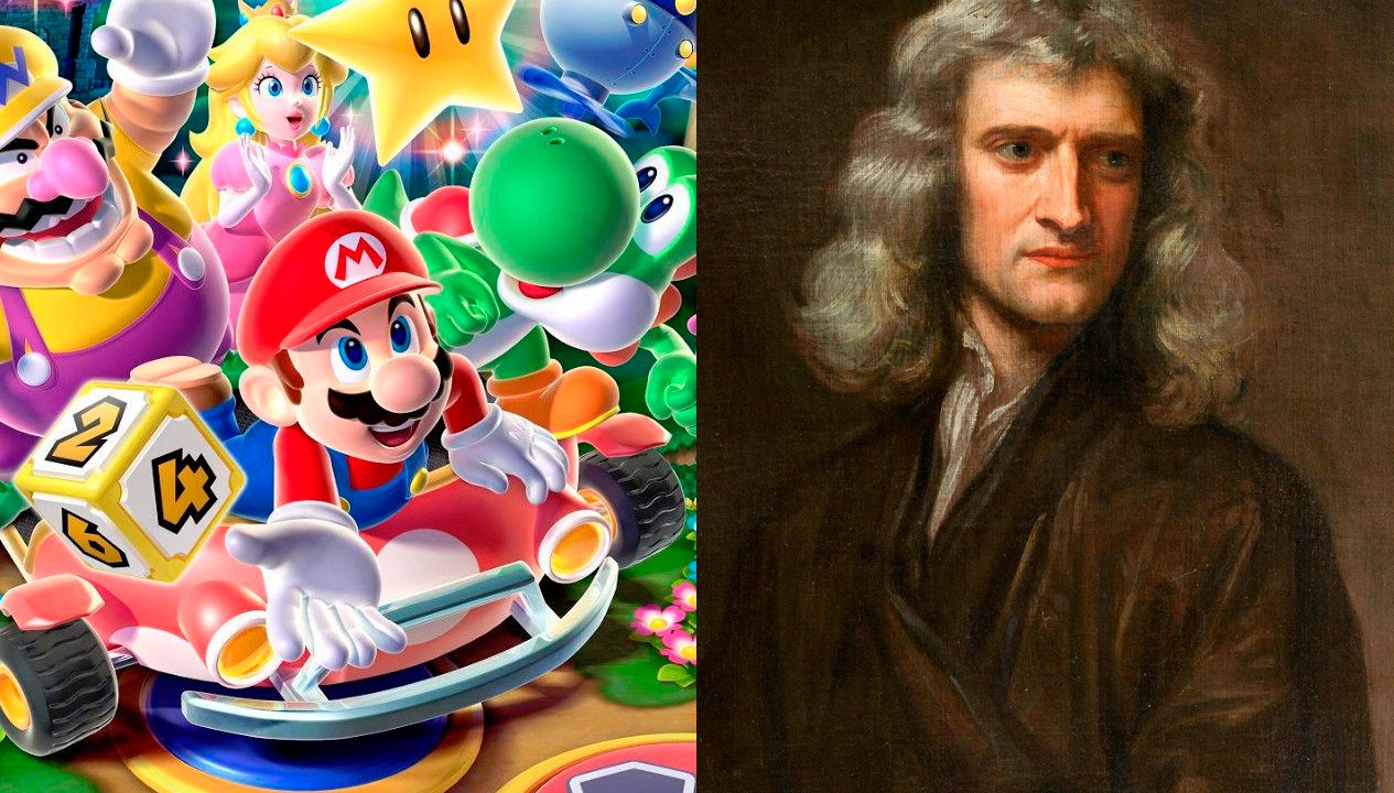Montagem com pôster de Mario Kart no lado esquerda e retrato de Isaac Newton no direito.