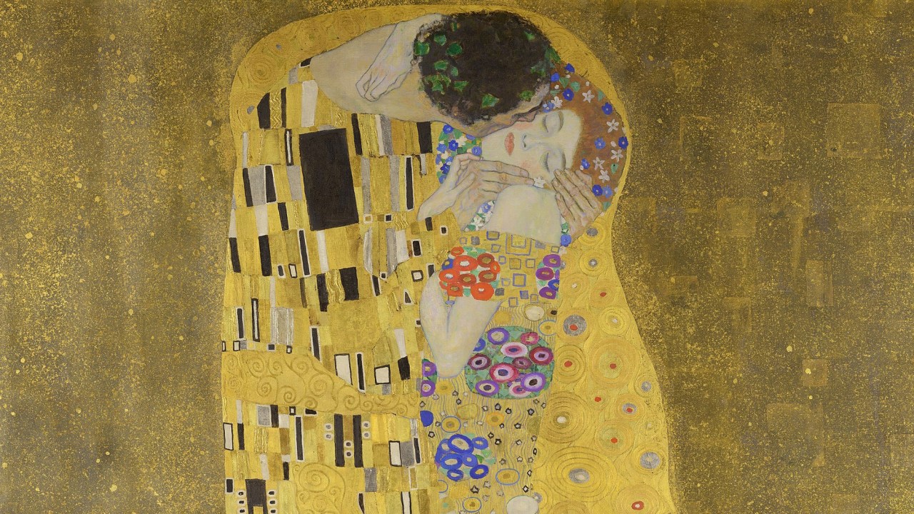 O quadro retrata a cena de um beijo entre um homem e uma mulher.