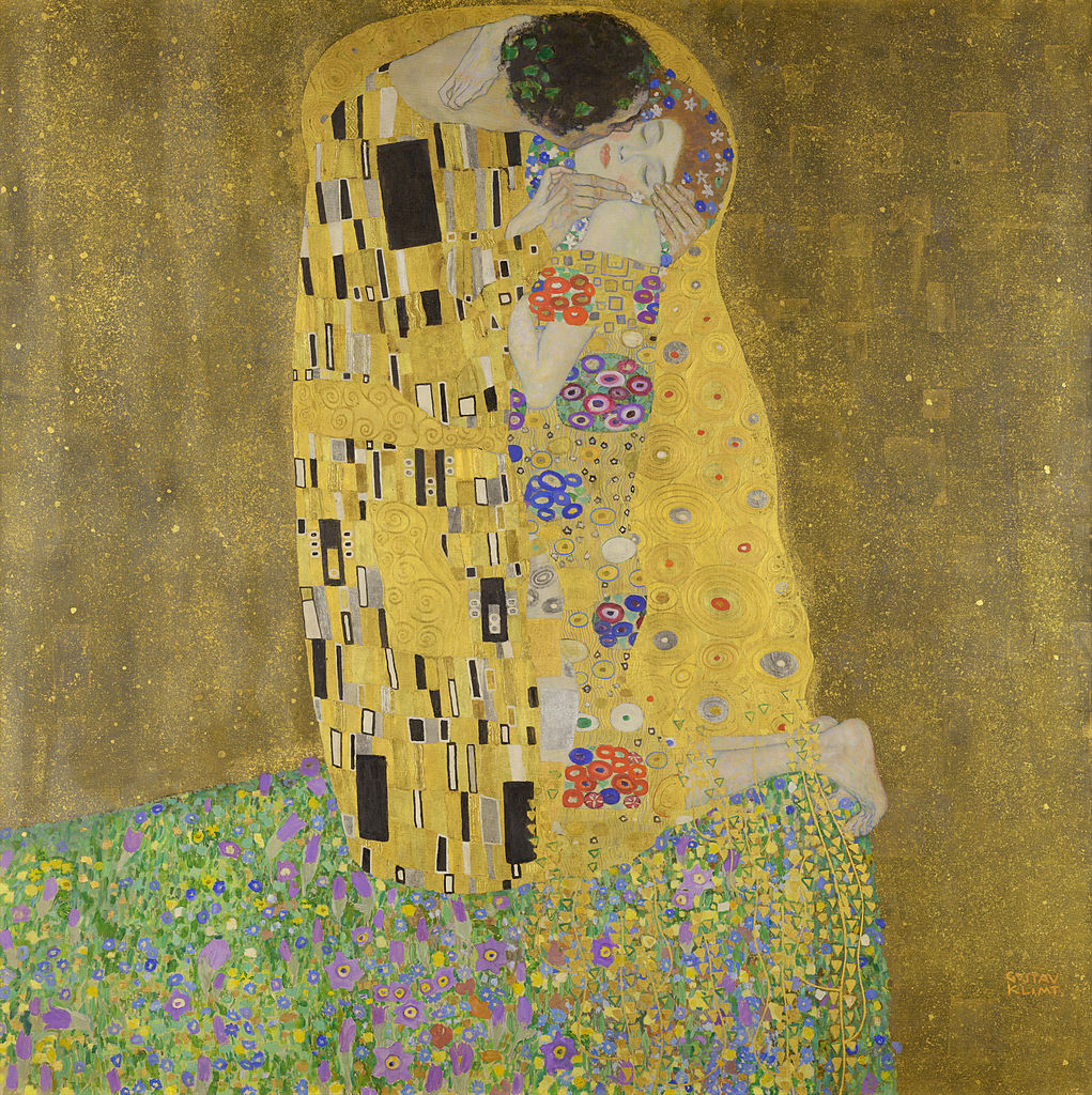 O quadro retrata a cena de um beijo entre um homem e uma mulher.