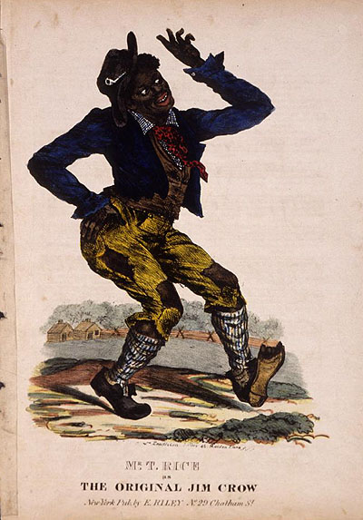 Ilustração do personagem Jim Crow: um homem negro, de traços exagerados e vestindo roupas rasgadas