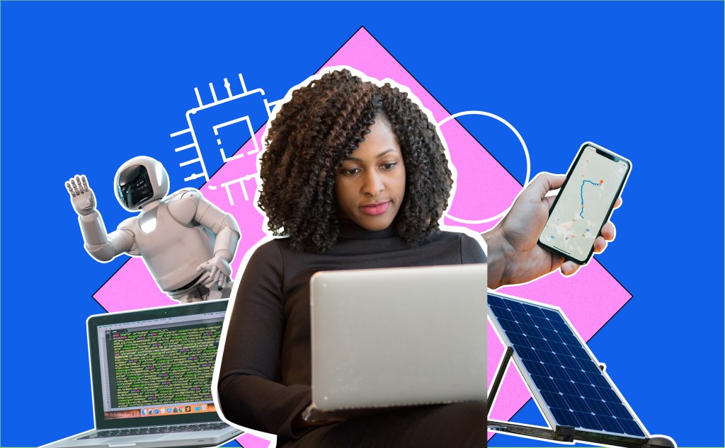 imagem mostra mulher negra mexendo no computador cercada por elementos tecnologicos, como um robô e celulares