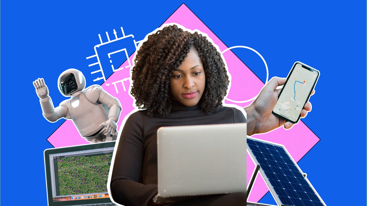imagem mostra mulher negra mexendo no computador cercada por elementos tecnologicos, como um robô e celulares