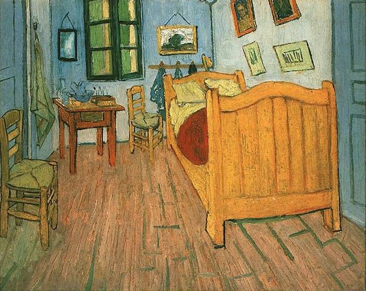O quadro retrata um quarto simples com cama de solteiro, quadros nas paredes, uma mesa de cabeceira e uma janela