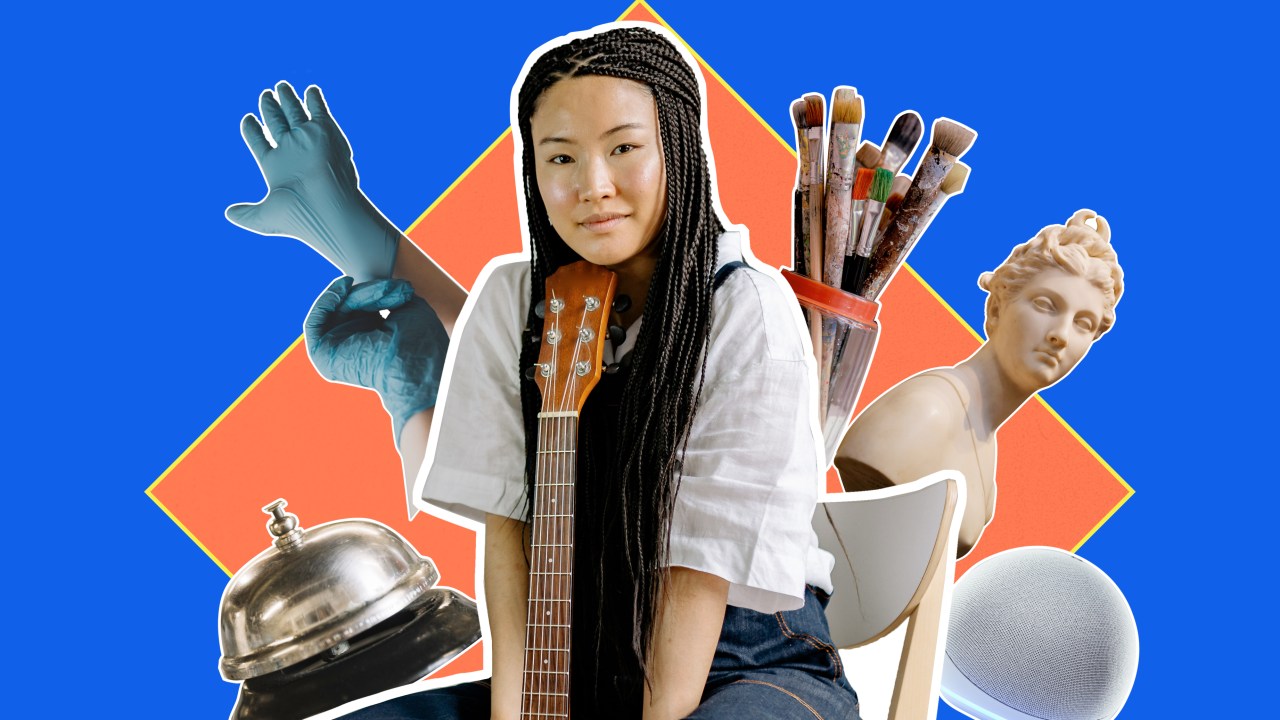 Colagem contendo mulher com violão, luva de enfermeiro, pinceis e assistente virtual Alexa