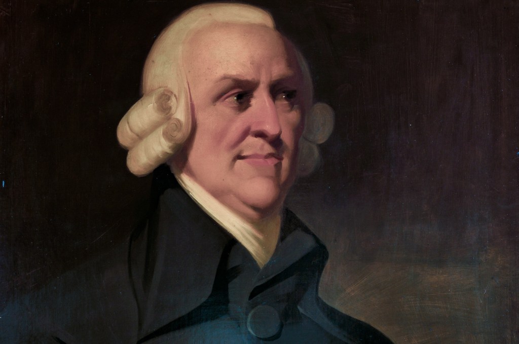 O filósofo e economista Adam Smith, homem branco de cabelos grisalhos