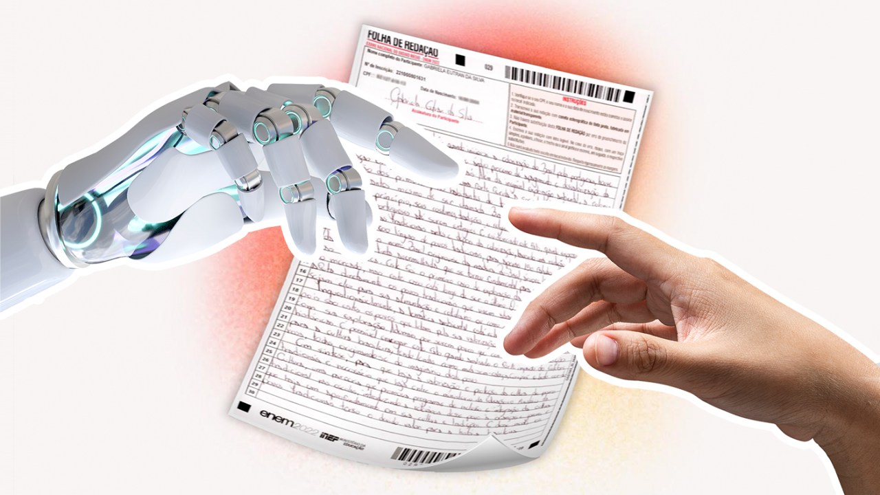 Montagem mostra uma mão robô e uma mão humana se aproximando, quase se tocando. Ao fundo, uma folha de redação do Enem