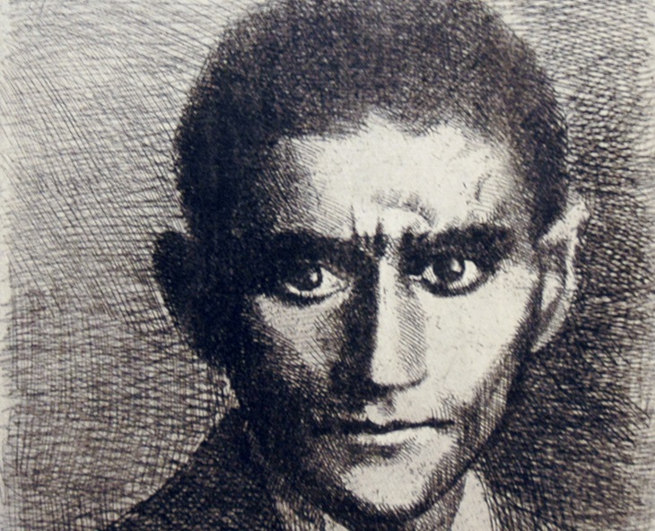 gravura mostra o escritor franz kafka, homem branco de cabelo curto e expressões marcadas