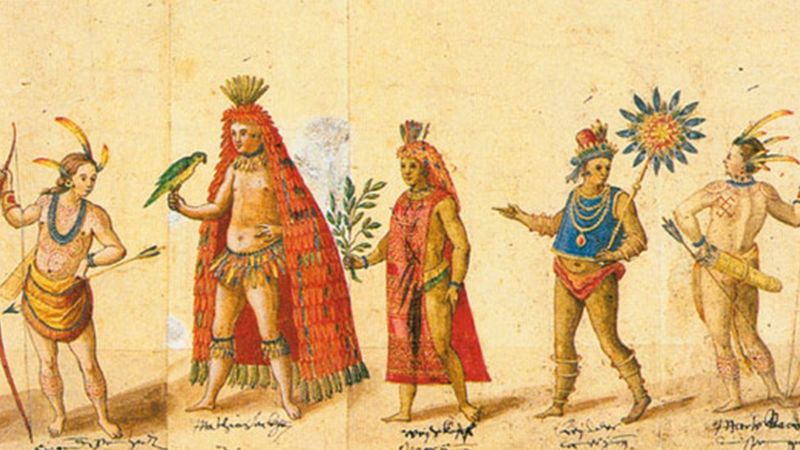 Aquarela com ilustrações mostram cenas do povo tupinambá
