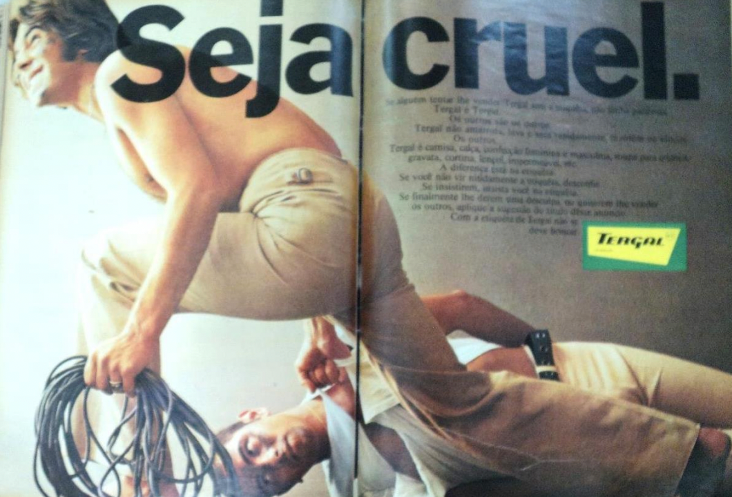 Propaganda veiculada em 1970, referenciando as torturas da Ditadura Militar. Imagem veiculada na revista Manchete em 06/06/1970