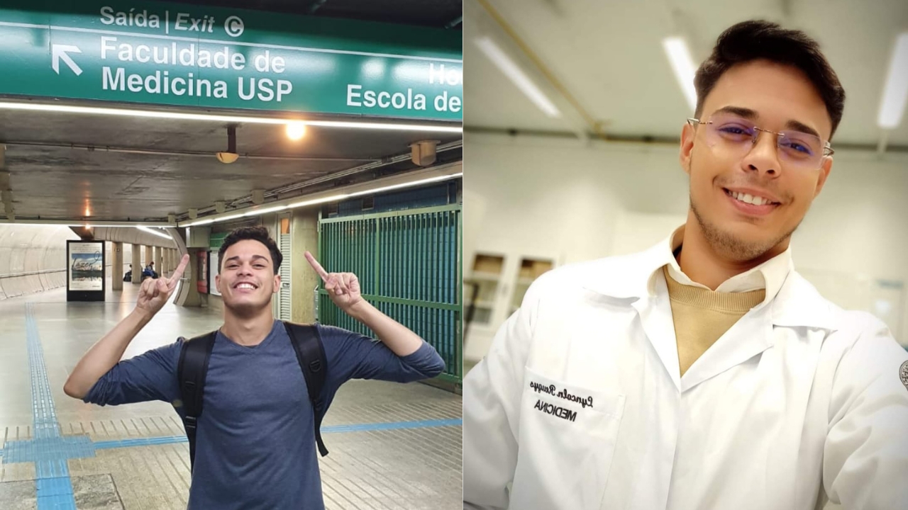 Montagem com duas fotografias: na primeira Lyncoln está na estação de metrô apontando para a placa que indica o cmainho para a Faculdade de Medicina da USP, a segunda é o jovem vestindo jaleco pela primeira vez durante uma aula