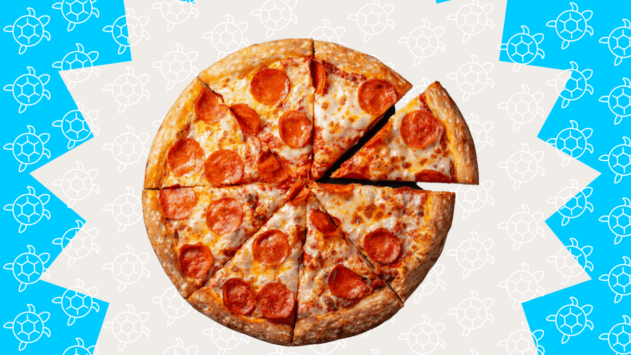 colagem de foto de pizza com ilustraçoes de tartarguas