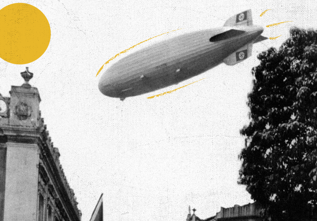 Colagem sobre imagem de zeppelin no Brasil em 1936