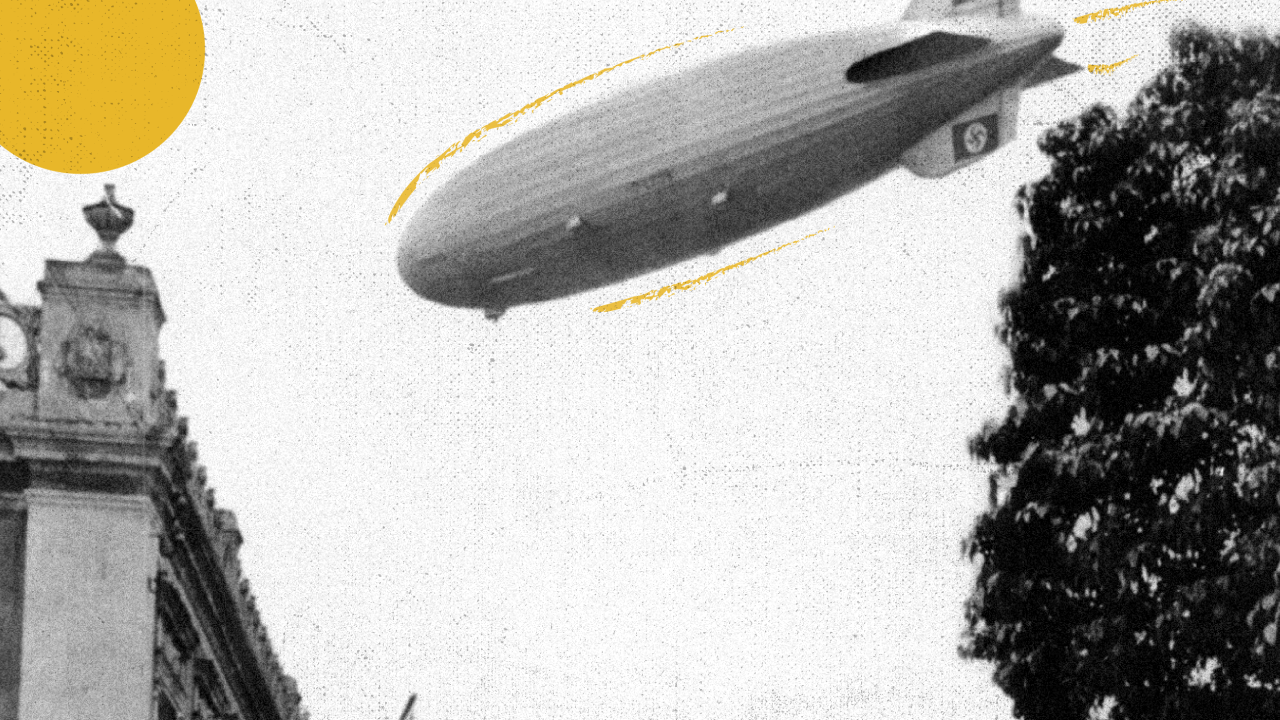 Colagem sobre imagem de zeppelin no Brasil em 1936