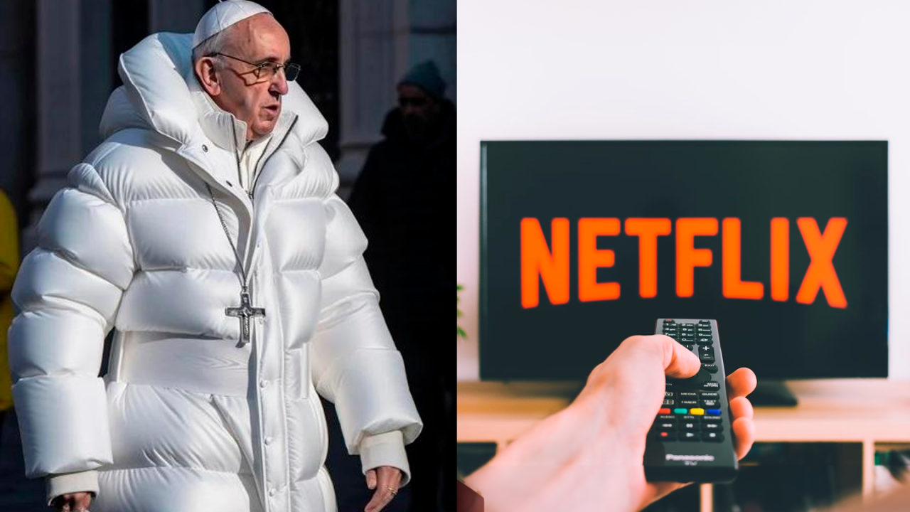 Imagem mostra papa francisco de casaco brando e pessoa com controle vendo netflix
