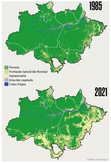 Mapa de desmatamento no bioma Amazônia