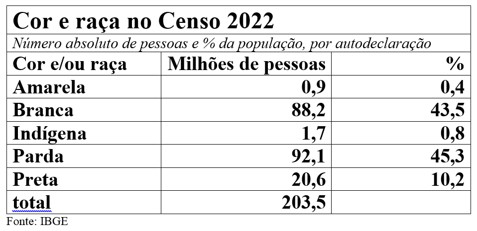 Tabela Censo 2022, cor e raça