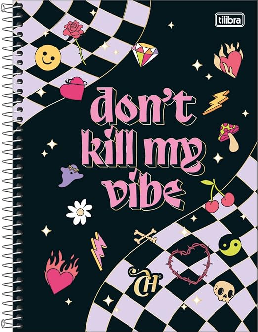 caderno de 1 matéria da capricho com a capa preto e texto rosa escrito don't kill my vibe