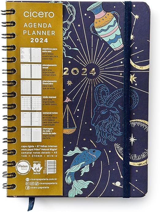 planner agenda 2024 azul com dourado signos do zodiaco