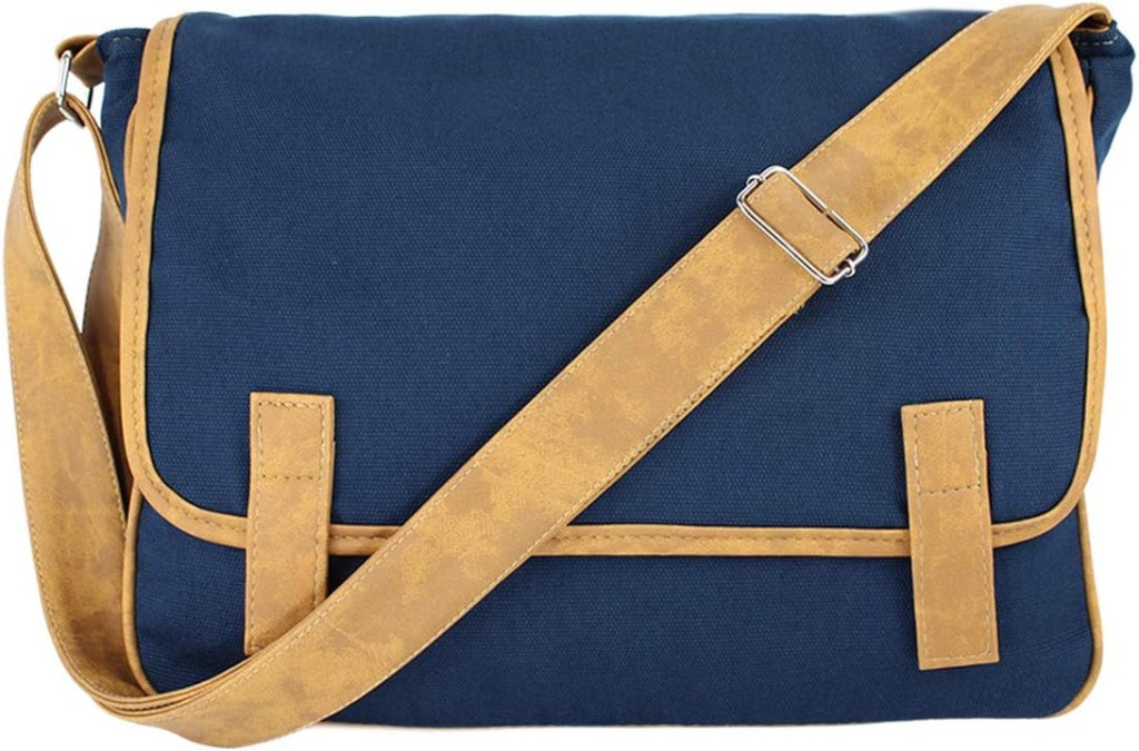 bolsa transversal azul com marrom escola faculdade transporte de notebook