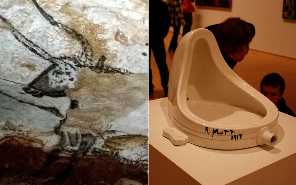 Montagem com duas obras de arte: "Cavernas de Lascaux", e "Fonte", de Duchamp